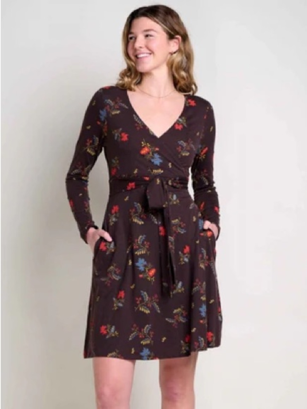 Toad&Co Brown floral Cue wrap long sleeve dress organic cotton Women's XL NWOT